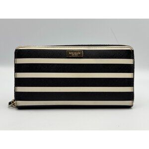 Kate Spade NY Lacey Fairmount Suare Black White Striped Zip Around Wallet Clutch
